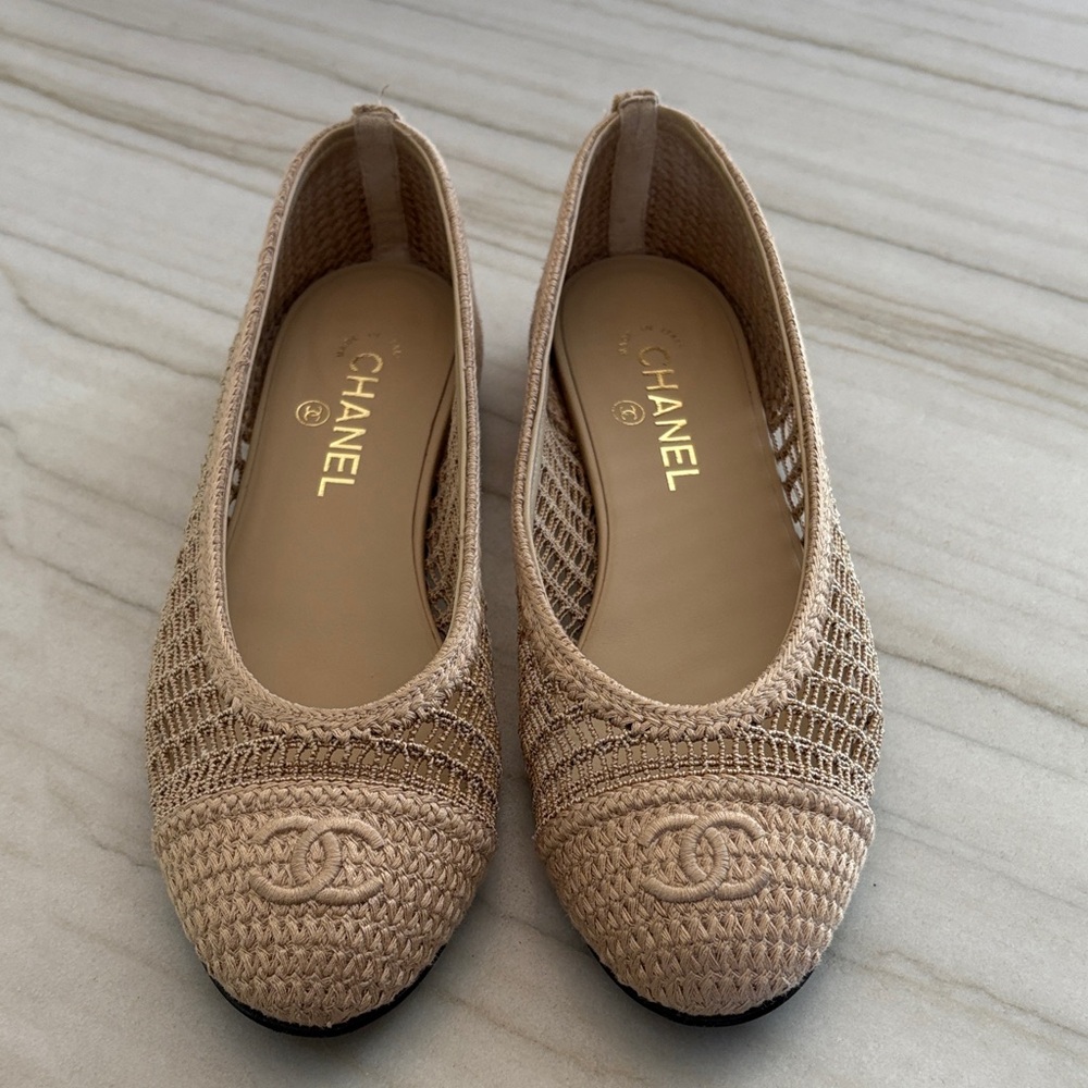 CHANEL Tan Crochet Loafers